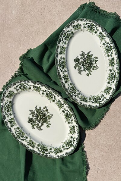 porselenden Antique Green 30 cm Premium Porcelain Large Size Boat Serving - Pack of 2