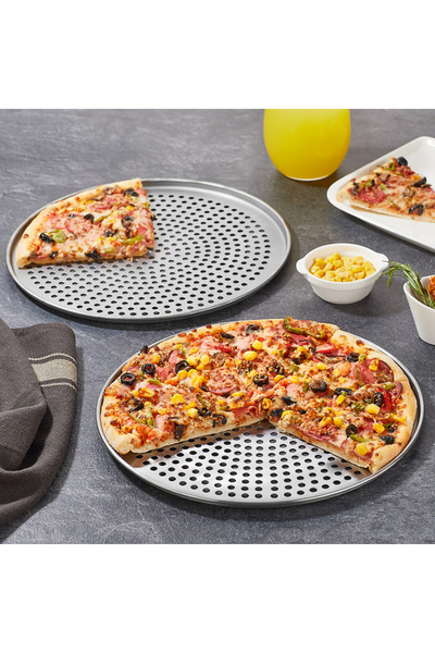 Russet 32 cm ve 24 cm Paslanmaz Çelik Delikli Pizza Lahmacun Dolma Altlığı Te...