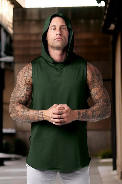 BESSA Khaki Men's Sports Tank and Hooded Cotton T-Shirt