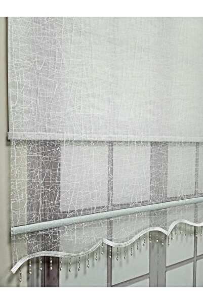 BBB Geometrik Desenli Boncuklu Çift Mekanizmalı Tül Stor Perde Beyaz TS1084B