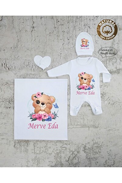K98 Bt Custom Name Printed Baby Blanket Jumpsuit Hat Gloves Set Newborn Hospital Pack