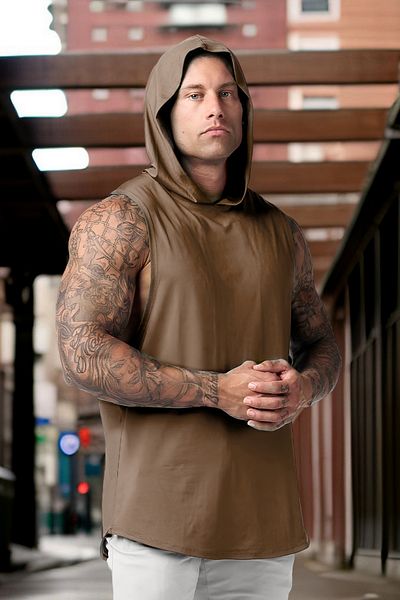 BESSA Men's Brown Hooded Cotton Sports Tank Top and T-Shirt Set