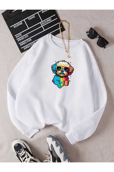 BENROMA Hanorac unisex pentru copii cu imprimeu câine colorat - decolteu