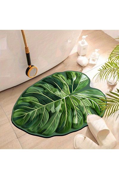 Else Dekor Green Leaf Water Absorbent Bathroom Mat - Μονοκόμματο χαλί τουαλέτας