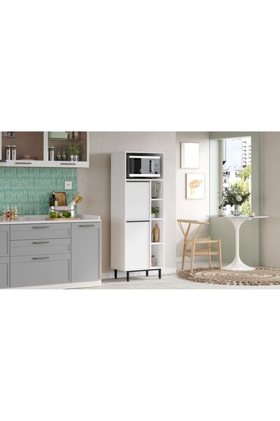 Robin Home Lidya Mutfak Kiler Dolabı Mikrodalga 2 Kapaklı Raflı Metal Ayaklı Beyaz