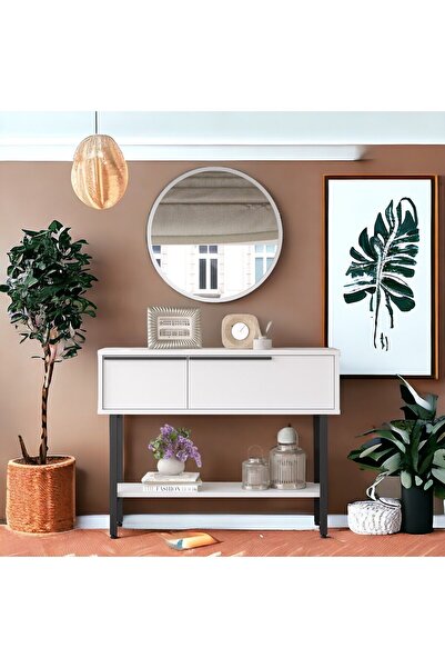 Robin Home Aynalı Dresuar Kapaklı Metal Ayaklı Beyaz