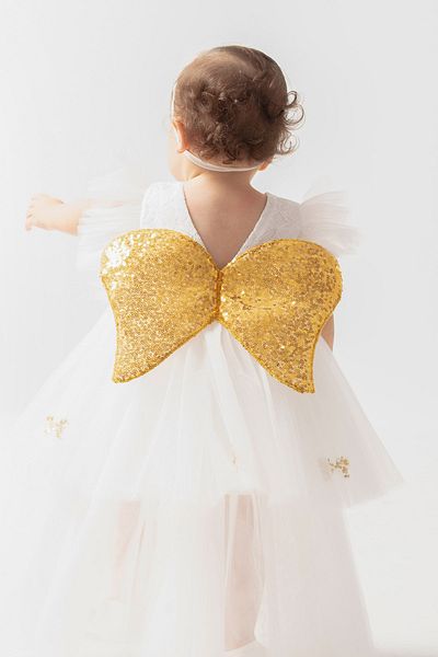 Harry&Millie 6 Month Baby Girl Dress with Sequin Tulle and Angel Wings - Wedding Evening Dress
