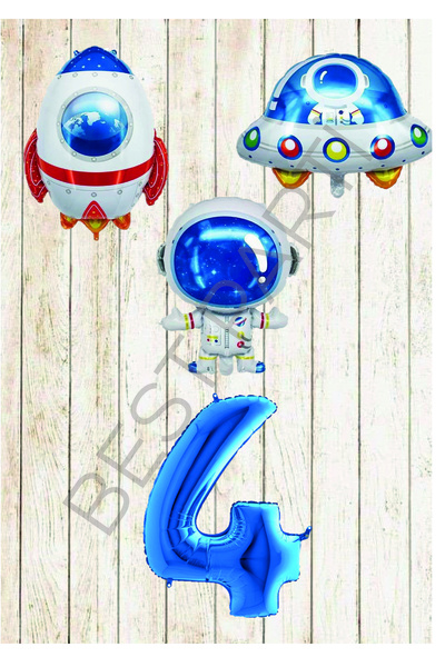 BEST PARTİ DOĞUM GÜNÜ PARTİ SÜSLERİ Age 4 - Space Themed Blue Foil Balloon Set