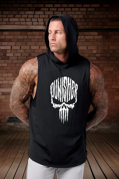 BESSA Punisher Printed Men's Black Undershirt - Oversize, Hooded, Sleeveless, Cotton, Crew Neck