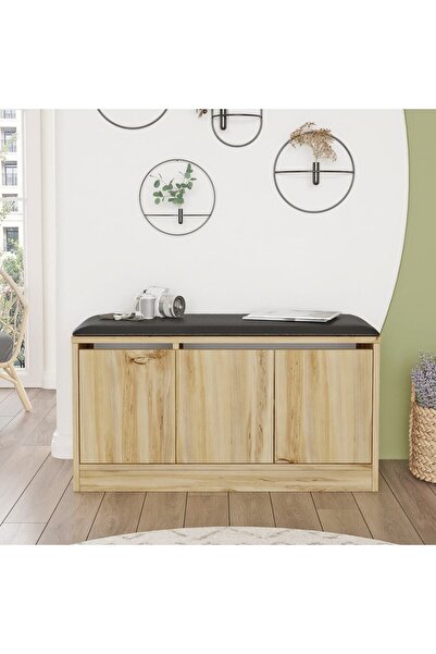 Robin Home Comfort Puflu Minderli Oturaklı Ayakkabılık 3 Kapaklı Dolap 90cm Keçe