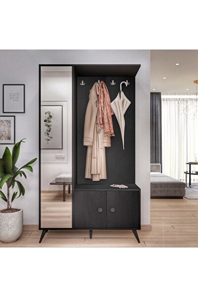 Robin Home Arya Aynalı Vestiyer Portmanto Ayakkabılık Ahşap Ayak Siyah