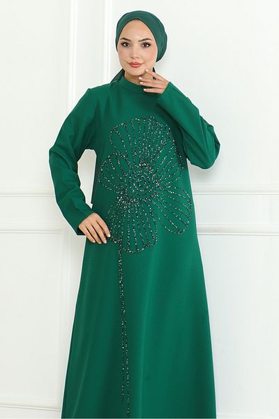 Bestenur Βραδινό φόρεμα με κέντημα με πέτρα Emerald Green Zeral 1200