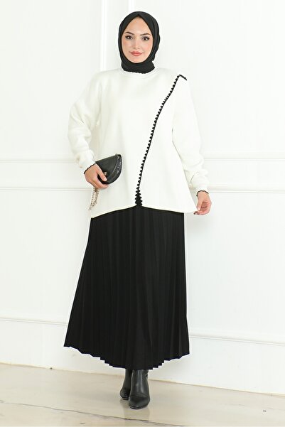 Bestenur White Asymmetric Cut Knitwear Sweater 1194