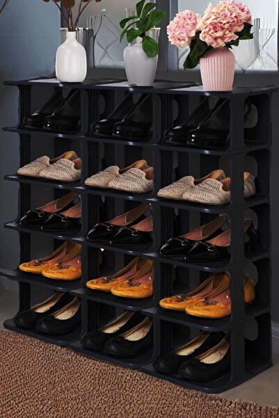 Frapan Home 5 Katlı Plastik Ayakkabılık Raf Düzenleyici Organizer 3'lü Set Siyah