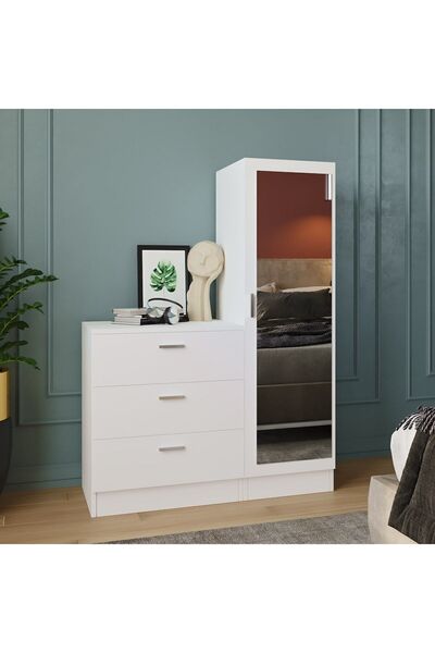 Robin Home Beyaz Lyana Aynalı 3 Çekmeceli Şifonyer Gardırop