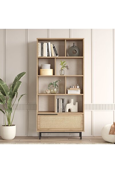 Robin Home Lidya Kitaplık Raf Metal Ayaklı 176cm Uv Baskı Kapaklı Sepet-Jüt