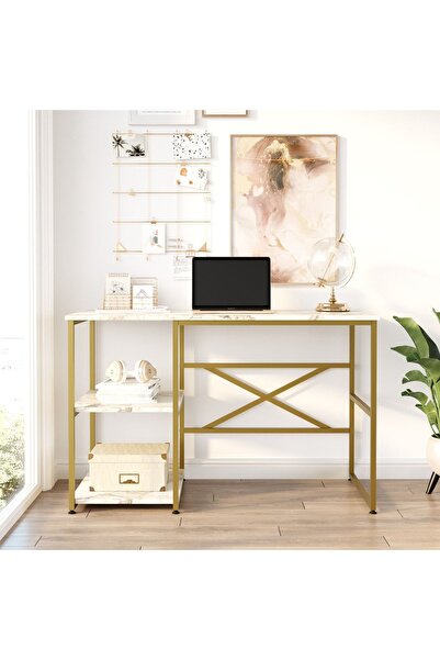 Robin Home Atlantis Gold Metal Çalışma Masası Raflı 120cm Mermer Desen