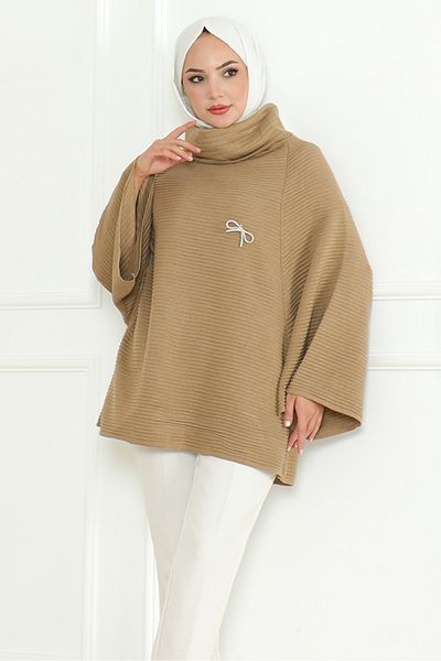Bestenur Oversize Mink Knitwear Poncho 1196 - Με διακοσμητική λεπτομέρεια