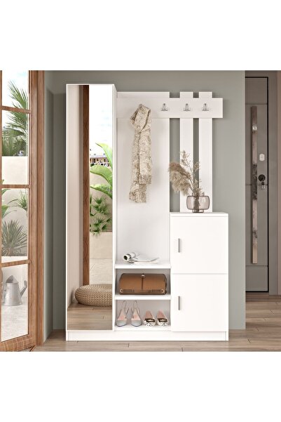 Robin Home Lenka Aynalı Vestiyer Portmanto Ayakkabılık Beyaz