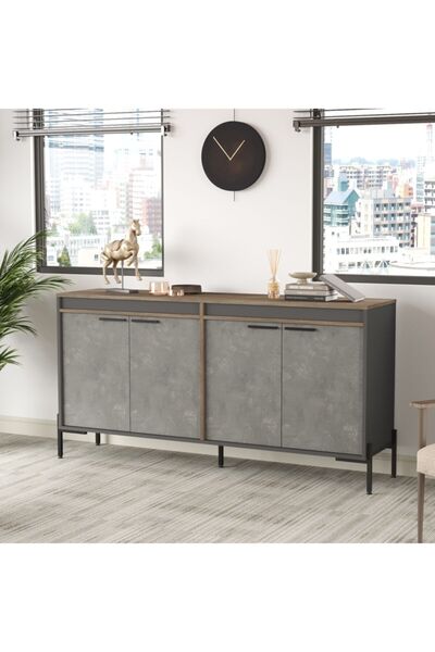 Robin Home Berlin E Ofis Konsol Klasör Dolabı Metal Ayaklı Kahve-beton-antras...