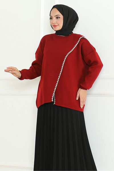 Bestenur Pulover de tricotaj cu croială asimetrică roșu Claret 1194