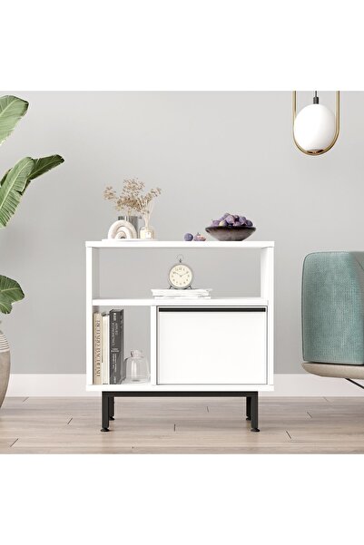 Robin Home Lidya Yan Sehpa Komodin Kapaklı Metal Ayaklı Beyaz