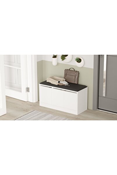 Robin Home Comfort Puflu Minderli Oturaklı Ayakkabılık 3 Kapaklı Dolap 90cm Beyaz