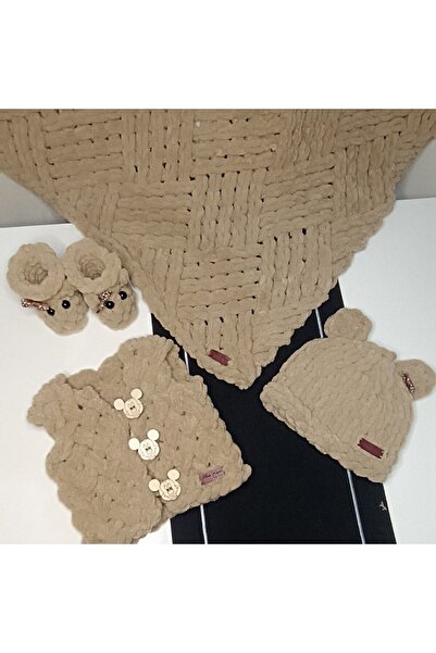 Moda Biçer Yumuşacık El Örgüsü Antialerjenik Bebek Battaniye&Patik&Yelek&Bere Seti