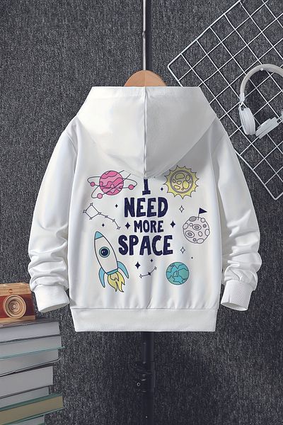 MYADA Hanorac pentru copii cu glugă supradimensionat cu imprimeu Space Written Rocket - fleece, imprimat pe spate 22452