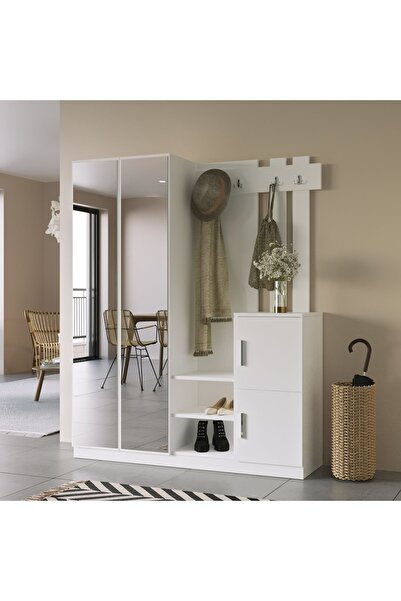 Robin Home Benjamin Aynalı Vestiyer Portmanto Ayakkabılık Beyaz