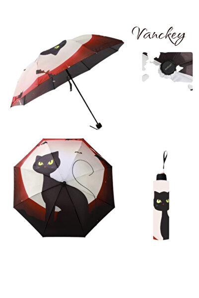 VANCKEY Üç Boyutlu Renkli Kedi Desenli 8 Telli Manuel Rüzgara Dayanıklı Şemsiye
