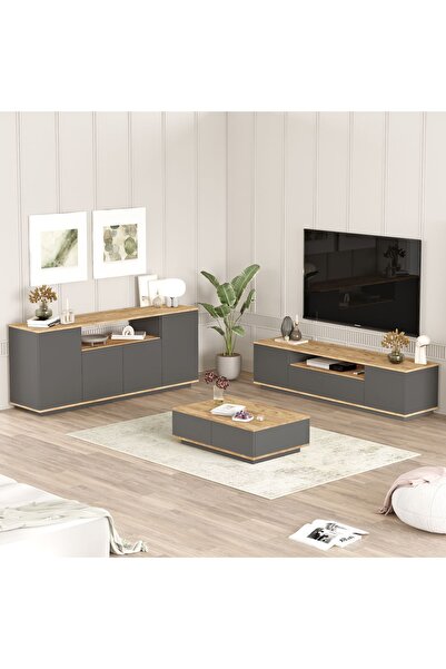 Robin Home Loft Tv Ünitesi Orta Sehpa Konsol 3'Lü Set Çam-Antrasit