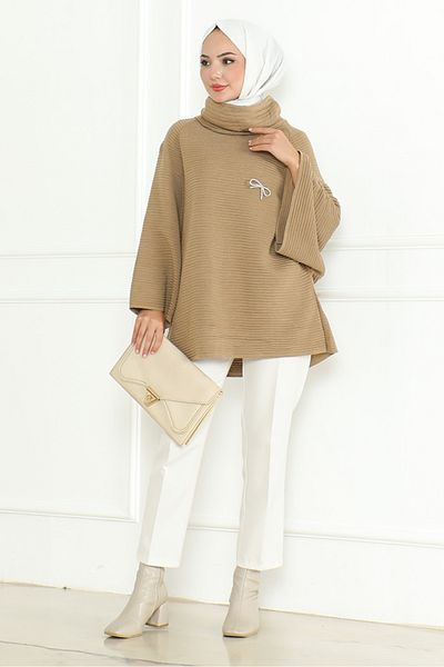 Bestenur Oversize Mink Knitwear Poncho 1196 - Με διακοσμητική λεπτομέρεια