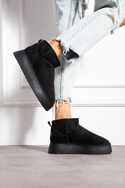 Ecru Black Suede Mini Boots - Thick Sole and Fur Inside