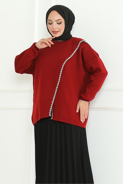 Bestenur Pulover de tricotaj cu croială asimetrică roșu Claret 1194