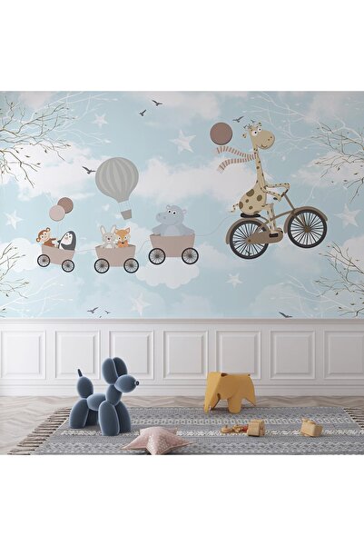 Home Gökyüzünde bisiklet kullanan zürafa çocuk odası poster duvar kağıdı