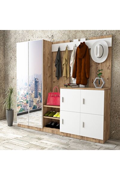 Robin Home Nova Aynalı Vestiyer Portmanto Ayakkabılık Aylantik Çam-beyaz