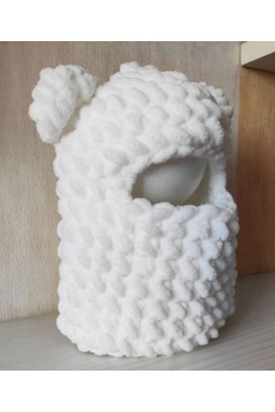 BurDen Dekoratif Ürünler & Tasarım Stylish White Puffy Snow Mask, Soft, Beanie and Neck Collar Design, Hat, Winter, Beret, Balaclava