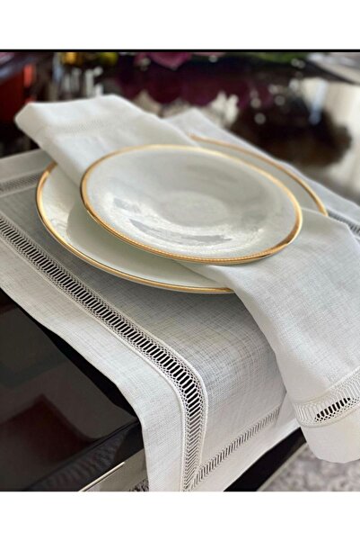 LİNDA MİA Kolberli Beyaz Keten Yemek Peçetesi 6 Lı