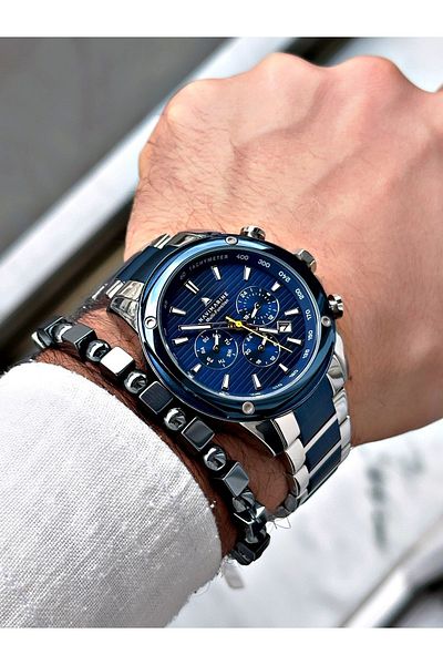 Navimarine Men's Wristwatch and Bracelet with Gift - Navy Silver Colored Steel Cord