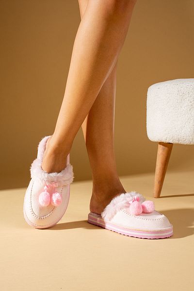 Pembe Potin Πούδρα Γυναικείες Παντόφλες Pompom με Γούνινη Άνετη Σόλα Καθημερινές Παντόφλες Σπιτιού