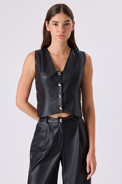 FEVER Black Leather Vest with Buttons