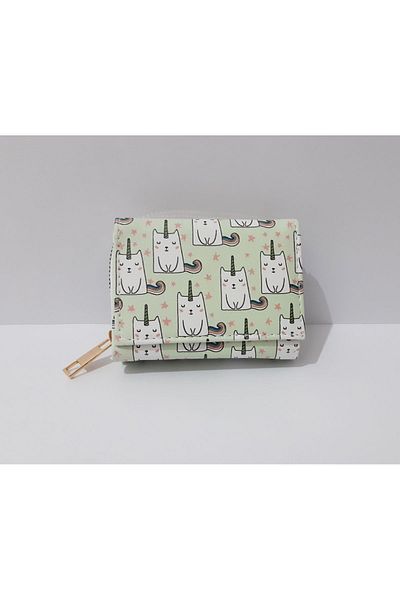 renkli çiçekler Детски портфейл с шарка на котка в светло зелено, 11x8 см