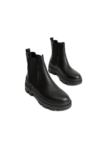 Pembe Potin Kadın Siyah Kalın Kaymaz Taban Lastikli Günlük Rahat Sıcak Astar Bot