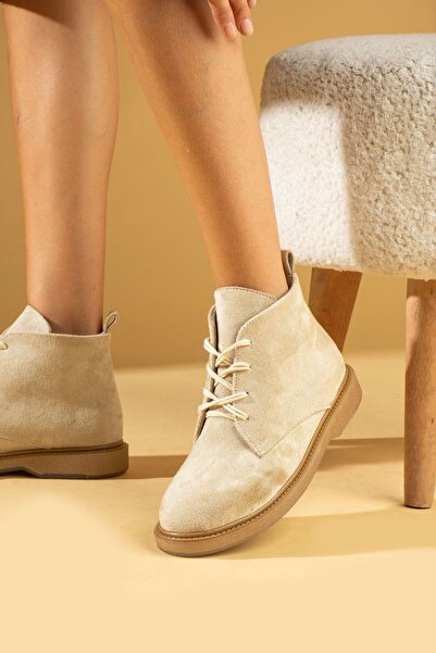 Pembe Potin Kadın Bej Süet Bağcıklı Rahat Termo Taban Günlük Sıcak Astar Bağcıklı Bot