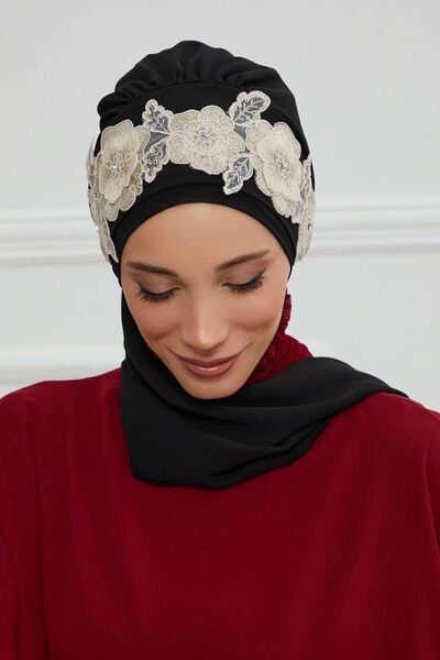 Aisha's Design Chiffon Ready Turban - Floral Pattern and Crown Accessory, Black-Gold, HT-103