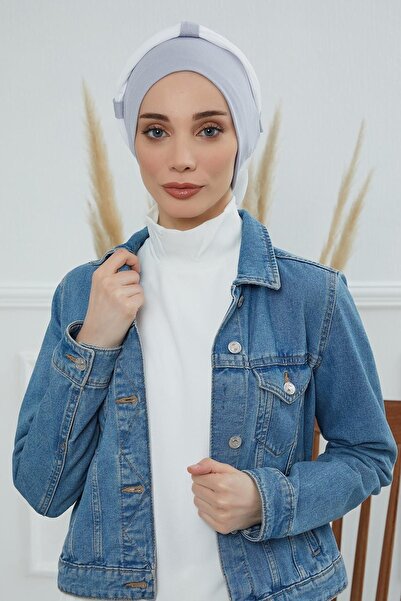 Ayşe Tasarım Chiffon Belted Combed Cotton Bonnet, Gray 2 - Cream,B-24,Gray-Cream