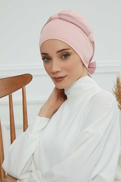 Ayşe Tasarım Combed Cotton Chiffon Belted Bonnet - Powder, B-24