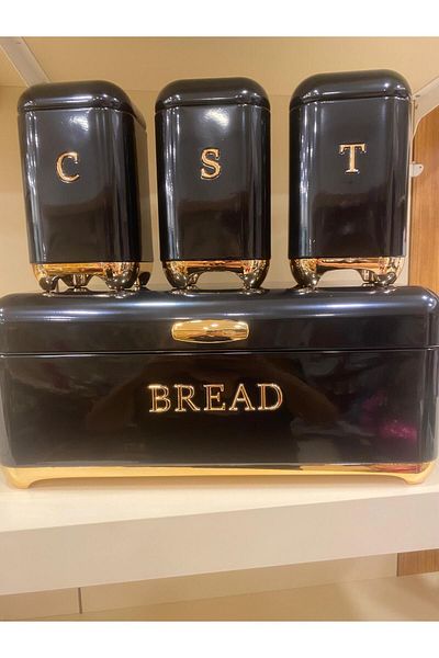 PLUS HOME 3-Piece Jar Set and Bread Box - Black Gold Metal