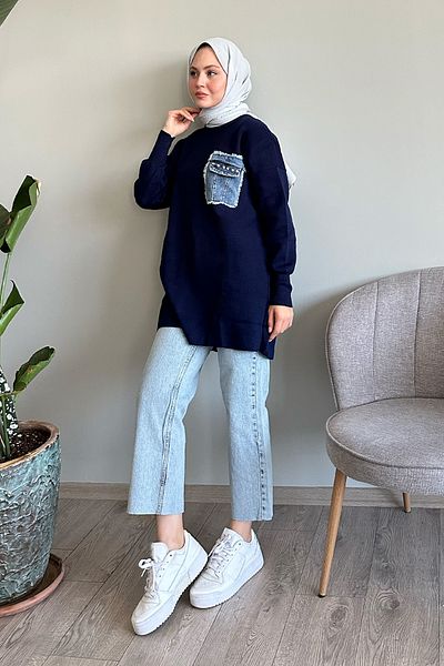 InStyle Tunica de tricotaj bleumarin - Buzunar din denim